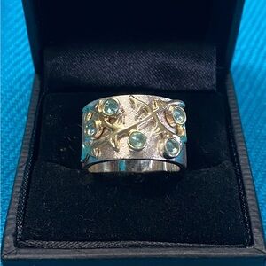 Sterling Silver/Gold Aquamarine Vine Wide Band Ring, sz 7